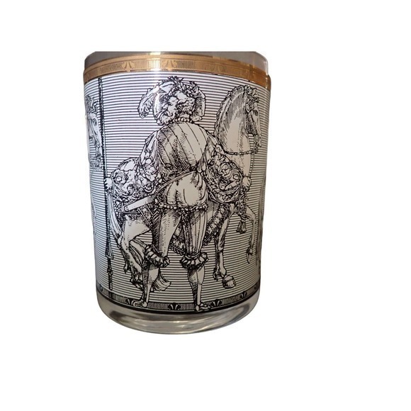 Vintage Cera 2 Camelot Gold Black White Knights and Horses Old Fashion Tumbler - Picture 3 of 9